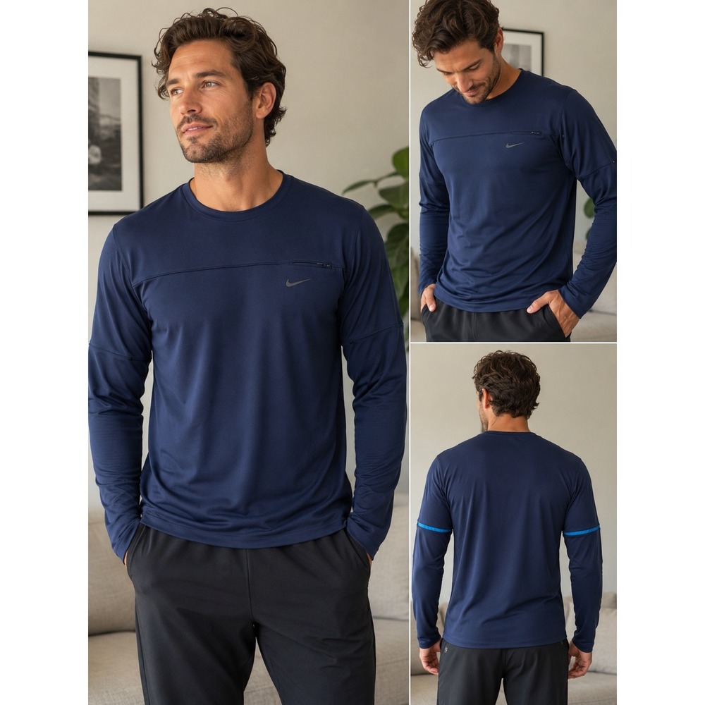 Nike Mens Navy Blue Long Sleeve Performance Training Shirt Zipper Pocket Large
